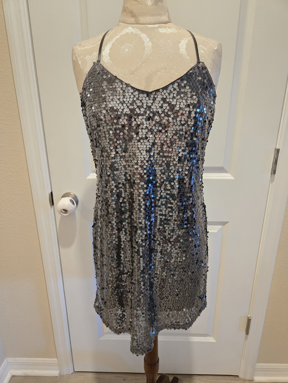 Express Silver Sequin Slip Dress - Spaghetti Strap Party Dress, Size Small - Picture 2 of 8